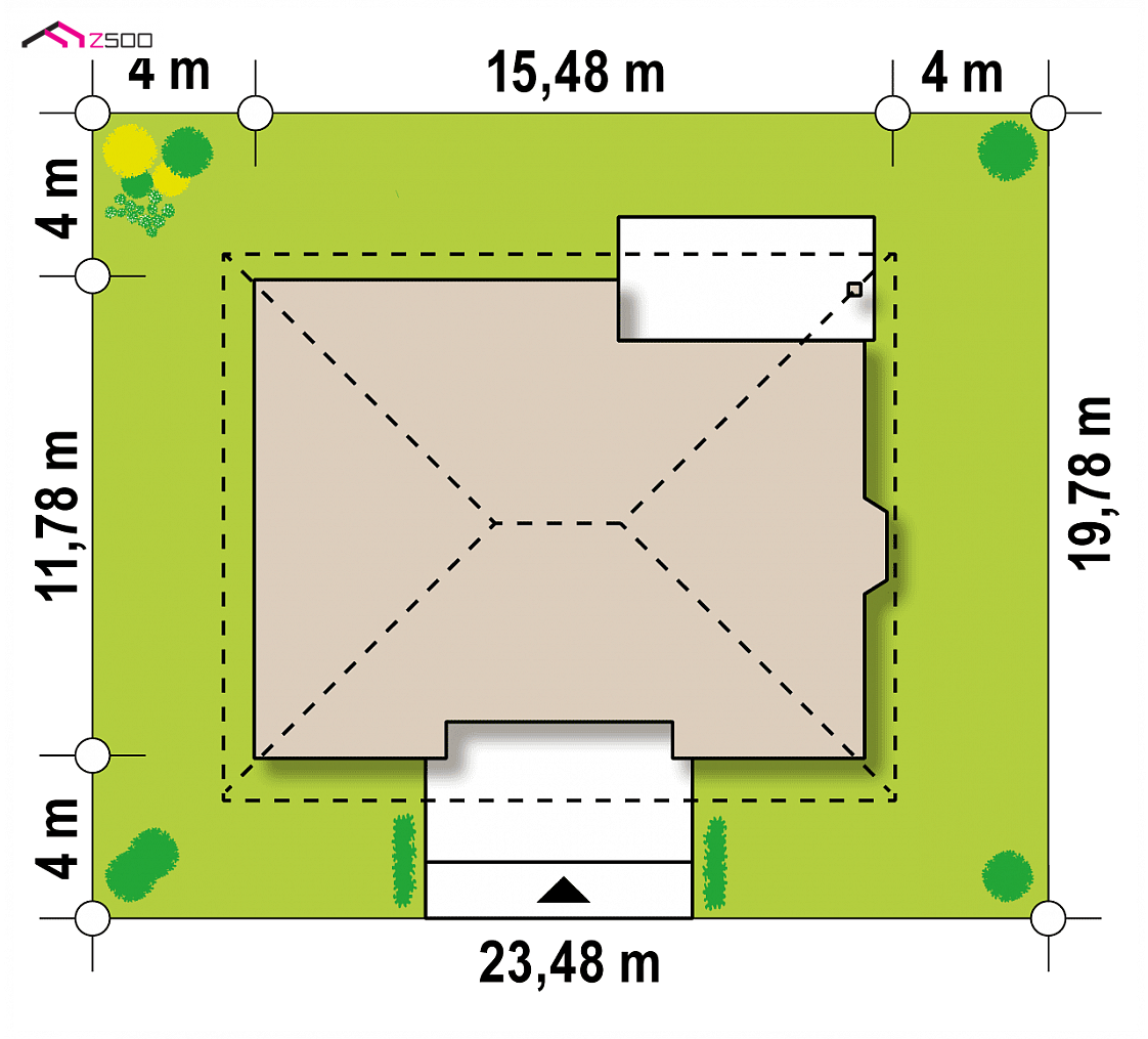 Z10 to wyjątkowy dom z kategorii projekty domów z czterema pokojami Gotowy projekt domu Z10 - Parterowy dom z dachem kopertowym, wykuszem oraz kominkiem na tarasie.