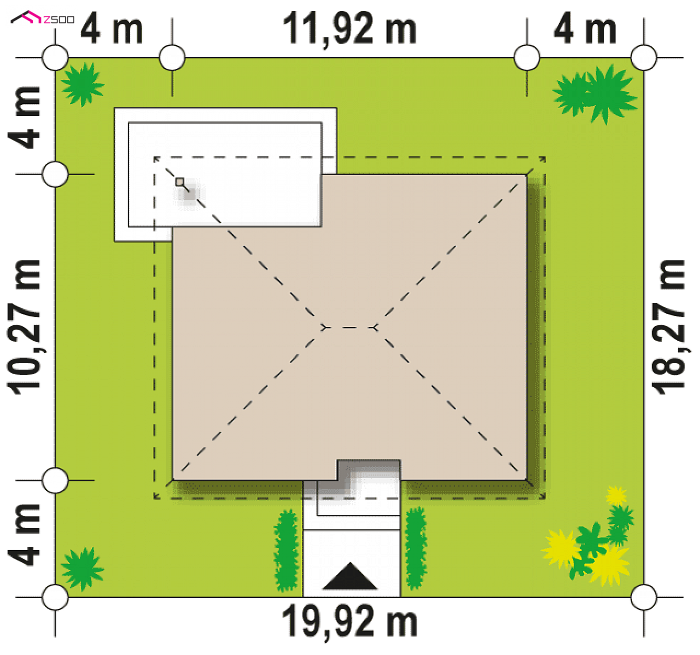 Z273 D to wyjątkowy dom z kategorii projekty domów z czterema pokojami Gotowy projekt domu - Kompaktowy dom parterowy z trzema sypialniami przykryty dachem kopertowym.