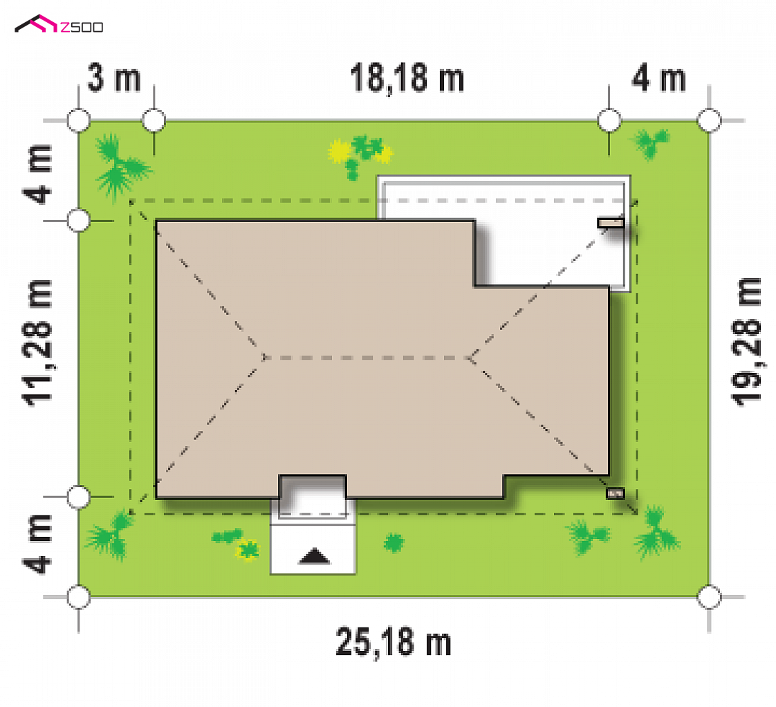 Z123 to wyjątkowy dom z kategorii projekty domów z czterema pokojami Gotowy projekt domu Z123 - Parterowy dom z obszerną strefą dzienną, bocznym garażem i kopertowym dachem.