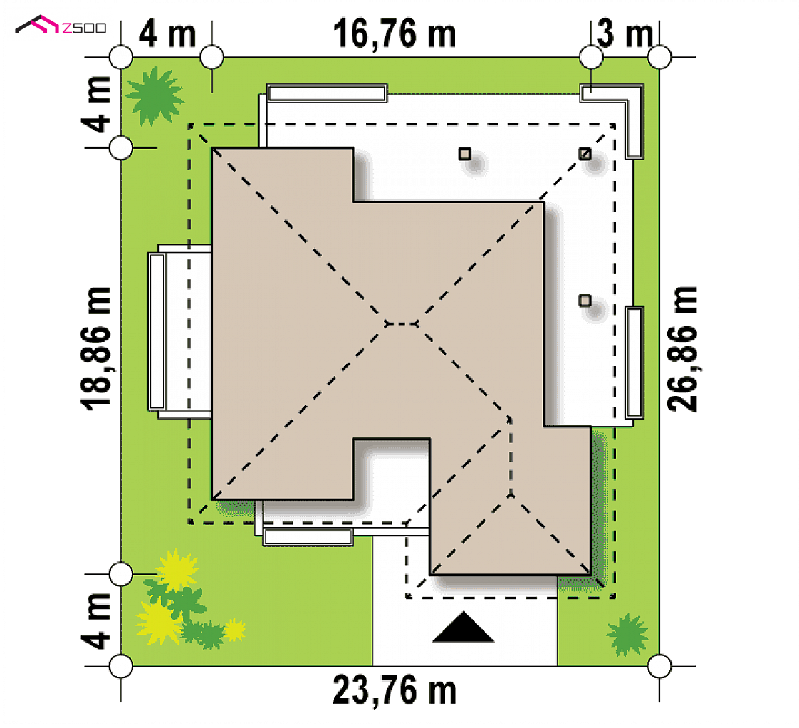 Z378 to wyjątkowy dom z kategorii projekty domów z garażem dwustanowiskowym Gotowy projekt domu Z378 - Parterowy dom z garażem dwustanowiskowym.