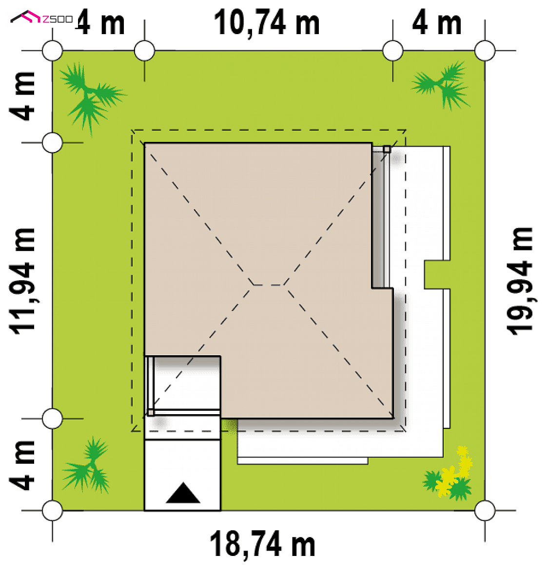 Z141 to wyjątkowy dom z kategorii projekty domów z trzema pokojami Gotowy projekt domu Z141 - Mały dom parterowy z kopertowym dachem, salonem od frontu i 2 sypialniami.