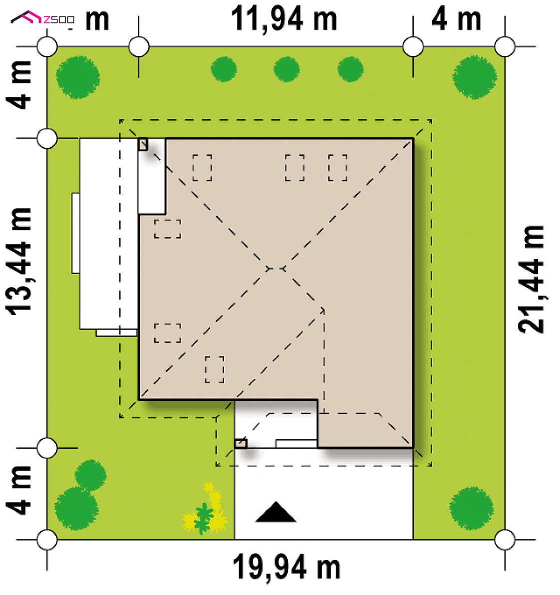 Z143 to wyjątkowy dom z kategorii projekty domów z garażem jednostanowiskowym Gotowy projekt domu Z143 - Dom z poddaszem, przestronnym salonem, sypialnią z garderobą na parterze i garażem.