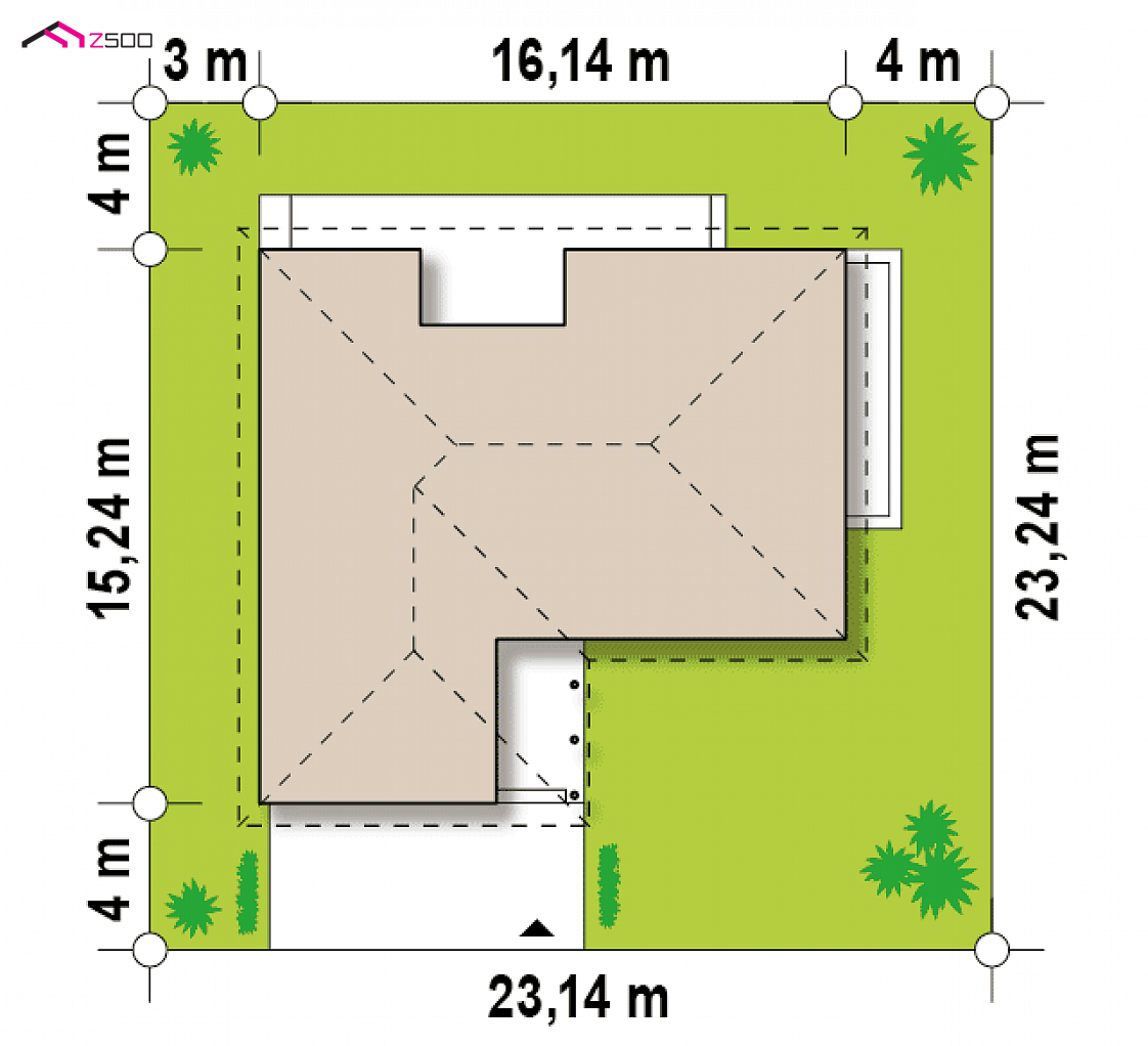 Z144 to wyjątkowy dom z kategorii projekty domów z czterema pokojami Gotowy projekt domu Z144 - Parterowy, wygodny dom jednorodzinny, z zadaszonym tarasem i garażem na dwa auta.