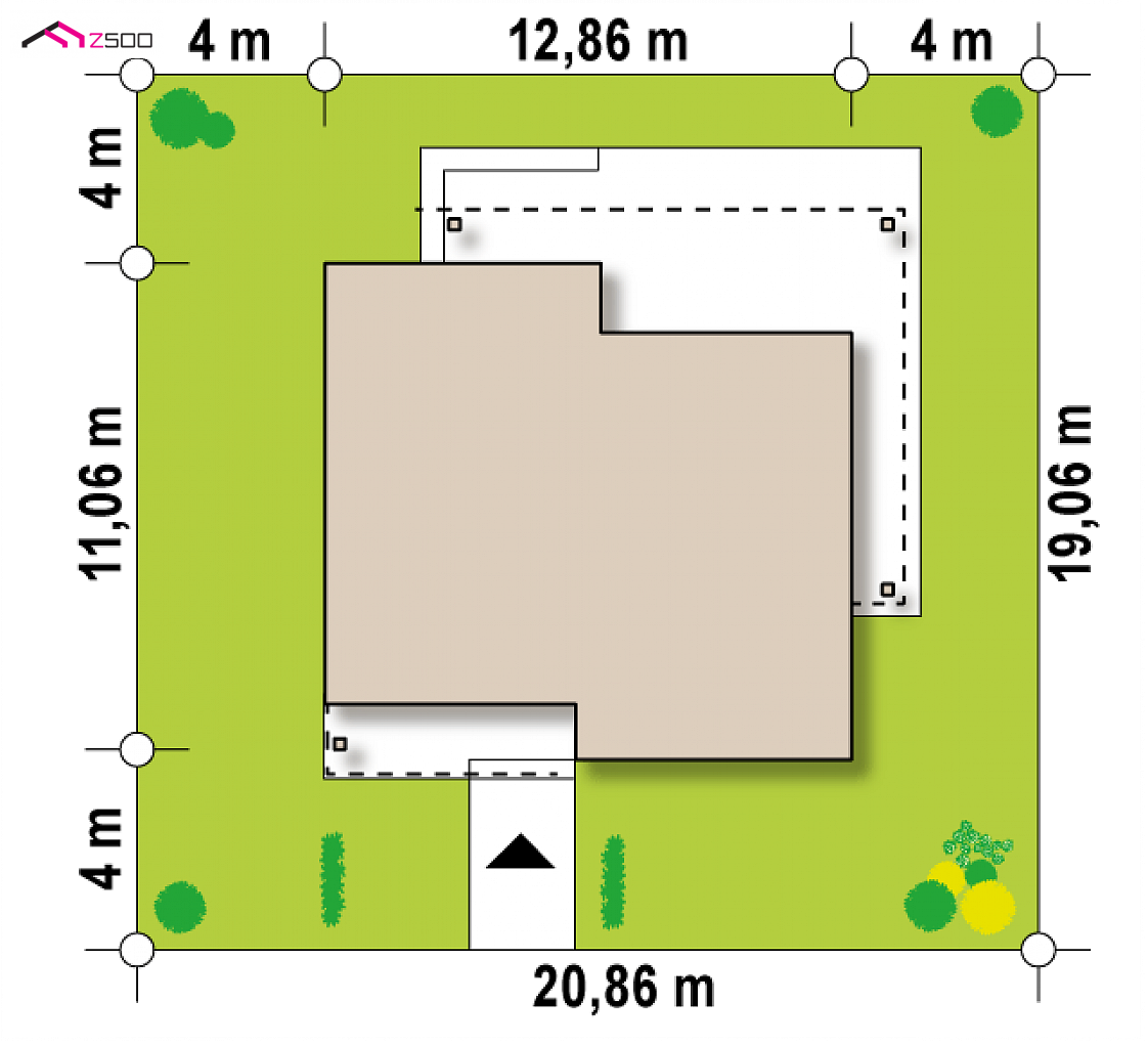 Z377 B to wyjątkowy dom z kategorii projekty domów z czterema pokojami Gotowy projekt domu Z377 B - Dom parterowy z trzema sypialniami, dachem kopertowym oraz zadaszonym tarasem.