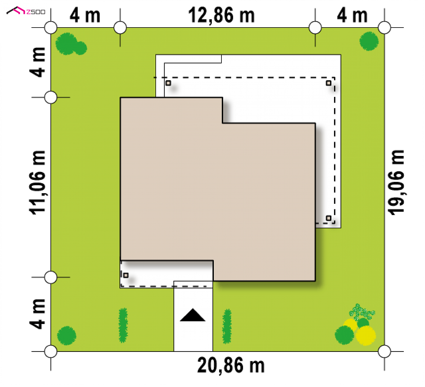 Z377 B to wyjątkowy dom z kategorii projekty domów z czterema pokojami Gotowy projekt domu - Dom parterowy z trzema sypialniami, dachem kopertowym oraz zadaszonym tarasem.