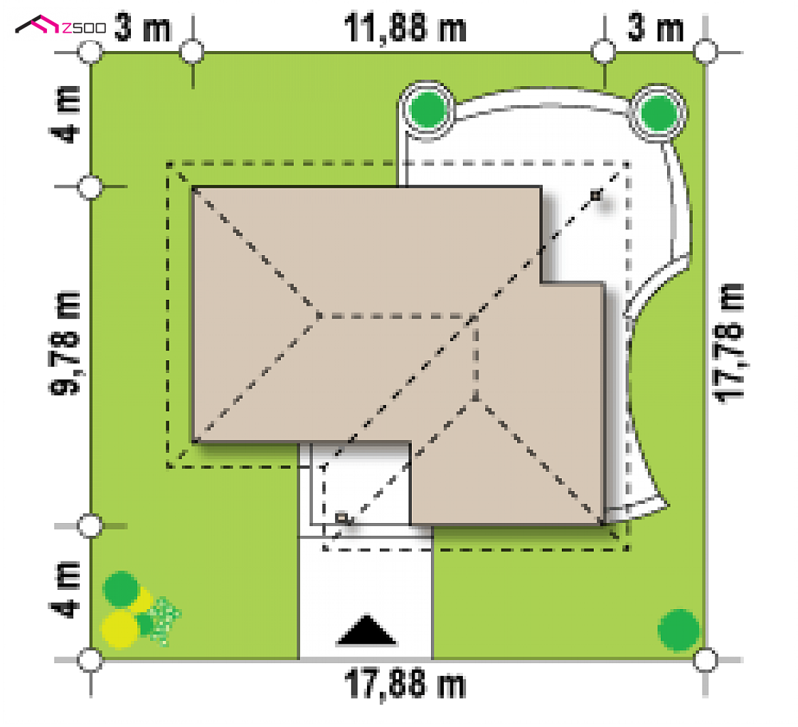 Z15 to wyjątkowy dom z kategorii projekty domów do 80 m2 Gotowy projekt domu Z15 - Mały parterowy dom na planie L trzy pokoje, salon z wyjściem na zadaszony taras