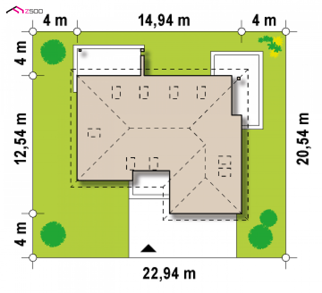 Z173 to wyjątkowy dom z kategorii projekty domów jednorodzinnych Gotowy projekt domu Z173 - Dom z poddaszem, intymnym kompleksem sypialnianym na parterze i garażem od frontu.