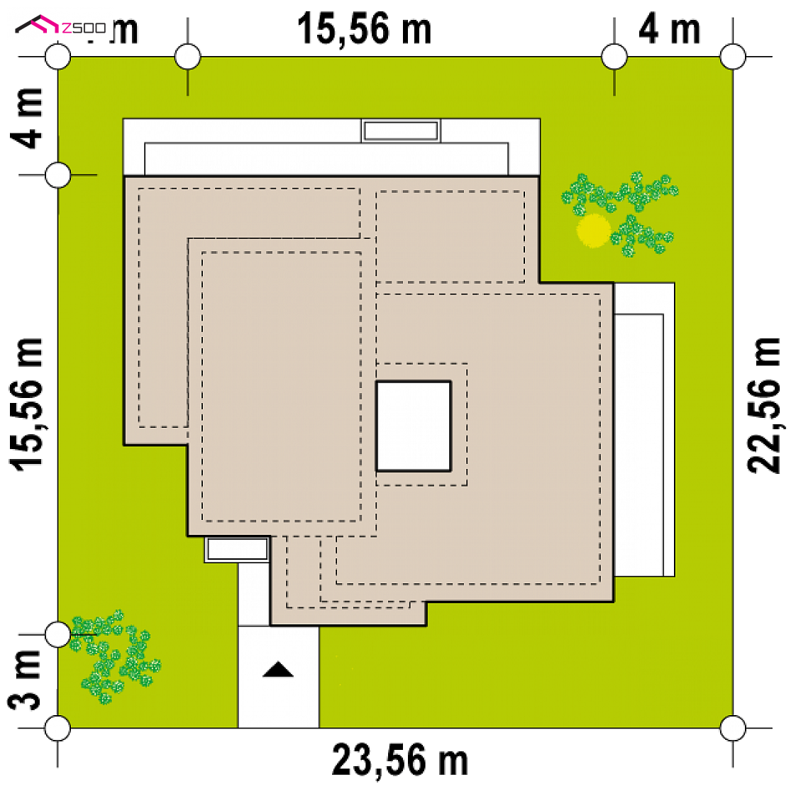 Zx153 to wyjątkowy dom z kategorii projekty domów z większą liczbą pokoi Gotowy projekt domu Zx153 - Nowoczesny dom parterowy z 4 sypialniami oraz patio wewnątrz.