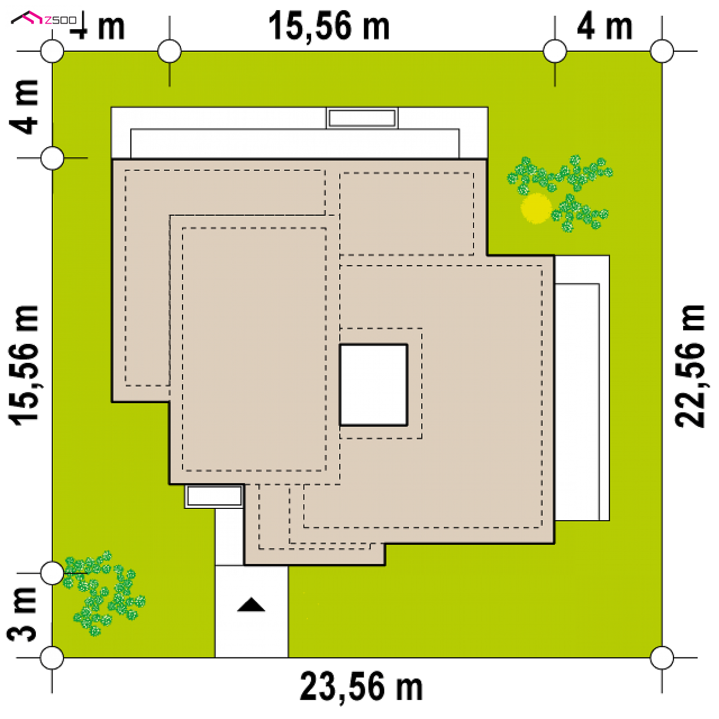 Zx153 to wyjątkowy dom z kategorii projekty domów parterowych Gotowy projekt domu - Nowoczesny dom parterowy z 4 sypialniami oraz patio wewnątrz.