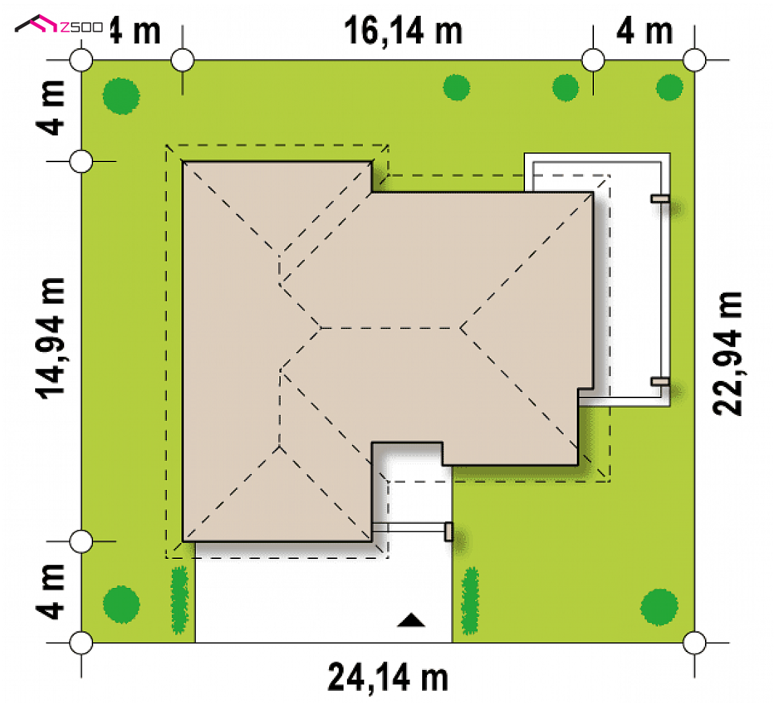 Z201 to wyjątkowy dom z kategorii projekty domów z dachem wielospadowym Gotowy projekt domu Z201 - Wygodny dom parterowy z garażem, czterema pokojami i opcją użytkowego poddasza.
