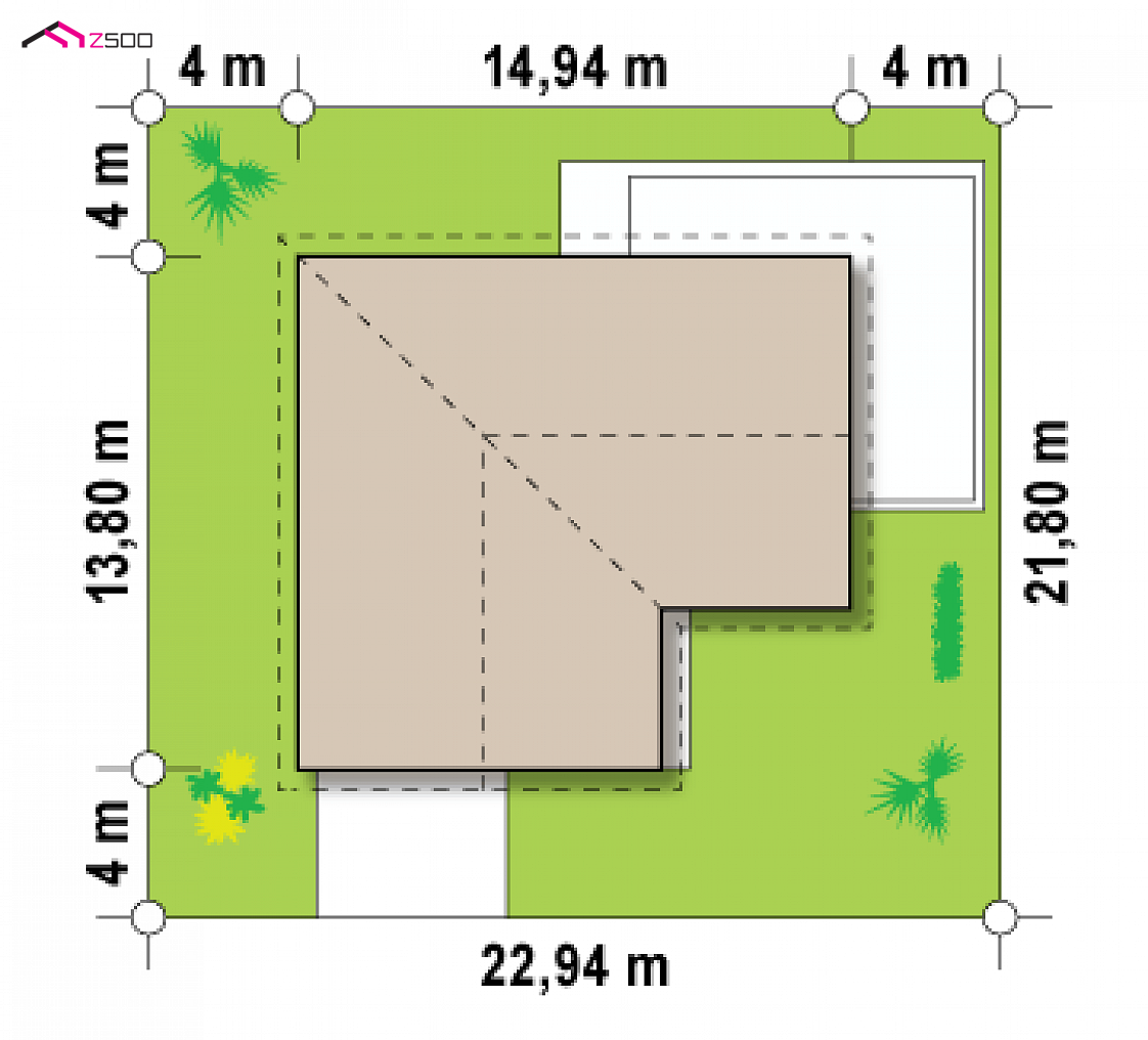 Z208 to wyjątkowy dom z kategorii projekty domów z garażem dwustanowiskowym Gotowy projekt domu Z208 - Rozłożysty, parterowy dom o współczesnej minimalistycznej bryle z prostym dachem.