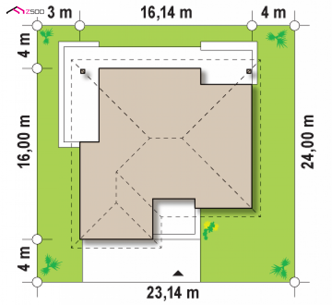Z209 to wyjątkowy dom z kategorii projekty domów z garażem dwustanowiskowym Gotowy projekt domu Z209 - Parterowy dom z obszernym salonem i dużym pom.gospodarczym dostępnym z ogrodu.