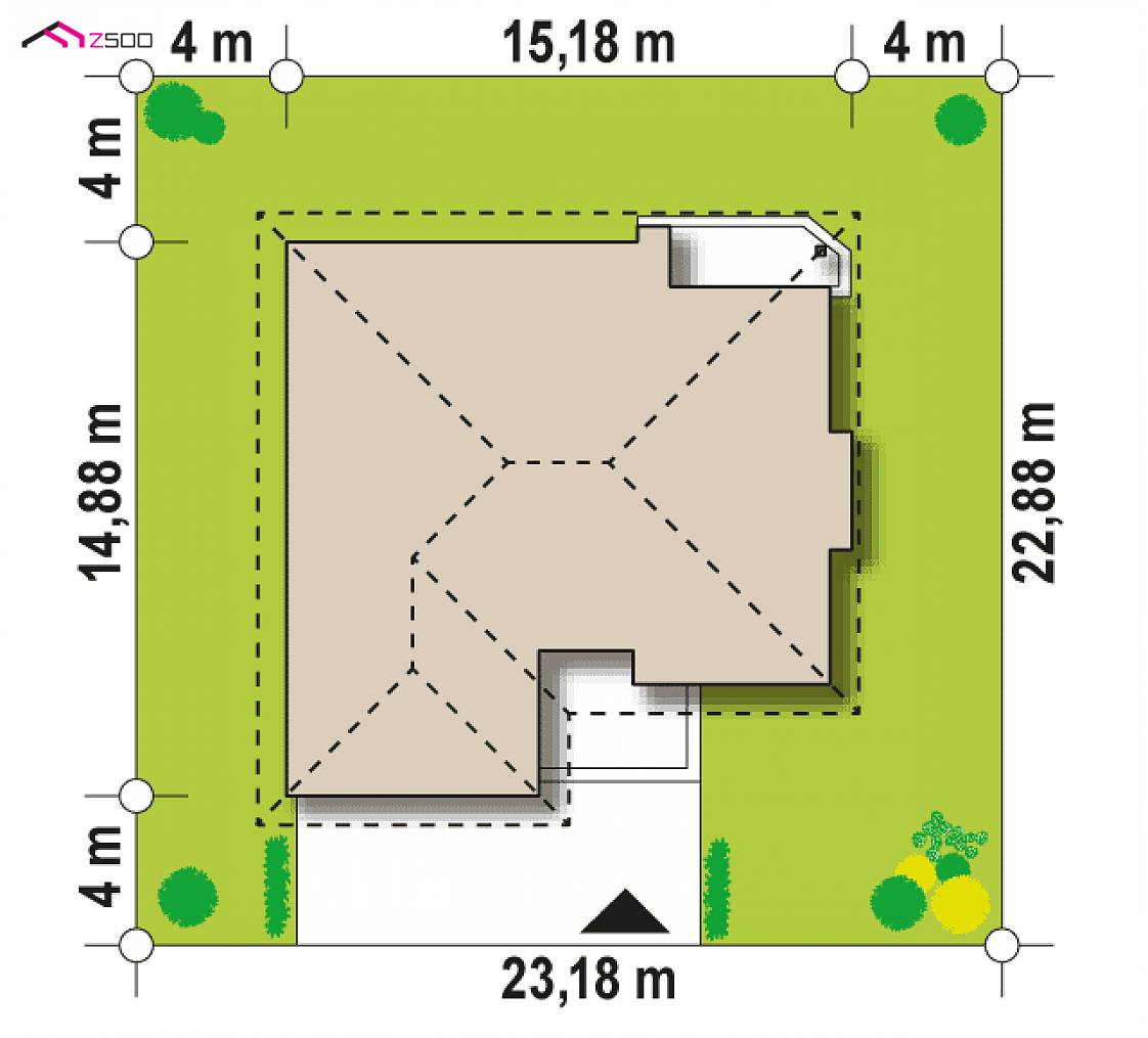 Z19 to wyjątkowy dom z kategorii projekty domów z garażem dwustanowiskowym Gotowy projekt domu Z19 - Parterowy dom z podwójnym garażem od frontu, kopertowym dachem i podcieniem.