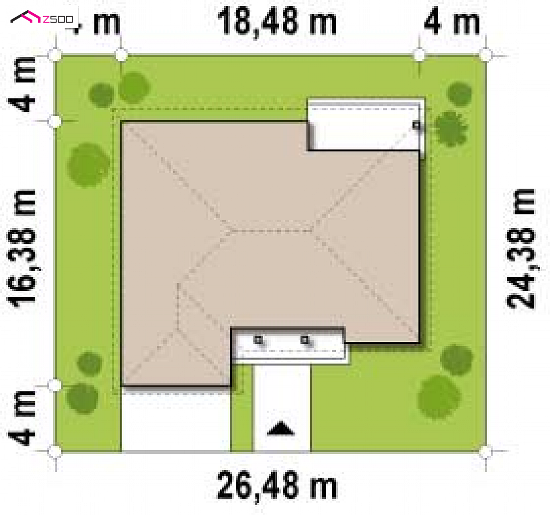 Z26 to wyjątkowy dom z kategorii projekty domów z garażem dwustanowiskowym Gotowy projekt domu Z26 - Parterowy dom z garażem na dwa samochody, z wjazdem od frontu.