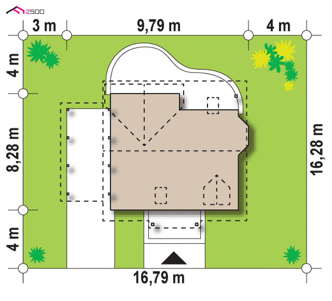 Z3 d L WL w to wyjątkowy dom z kategorii projekty domów z czterema pokojami Gotowy projekt domu Z3 d L WL w - szkielet, lustro, z wiatą i wykuszem