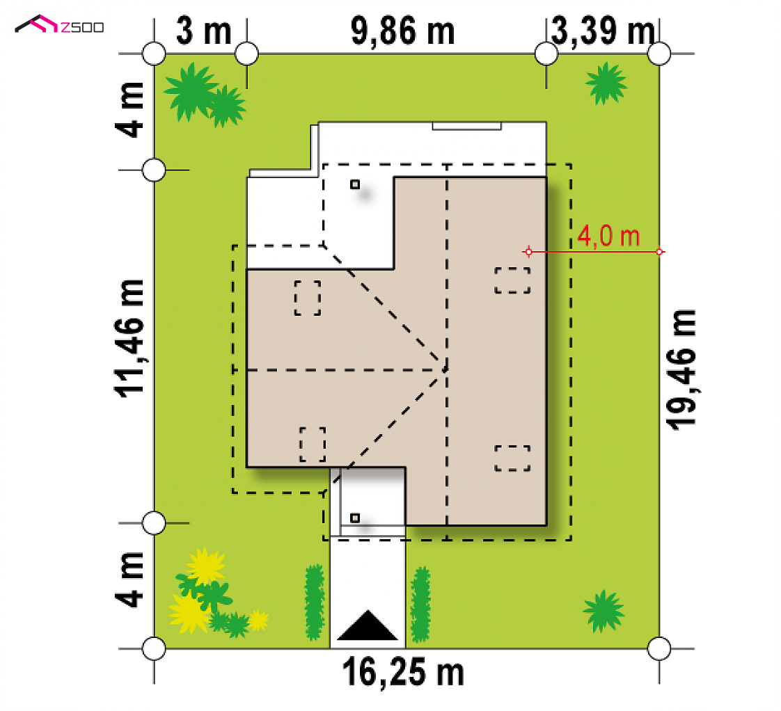 Z37 to wyjątkowy dom z kategorii projekty domów z dachem wielospadowym Gotowy projekt domu Z37 - Projekt domu na wąską działkę, z pokojem na parterze i kuchnią od ogrodu.