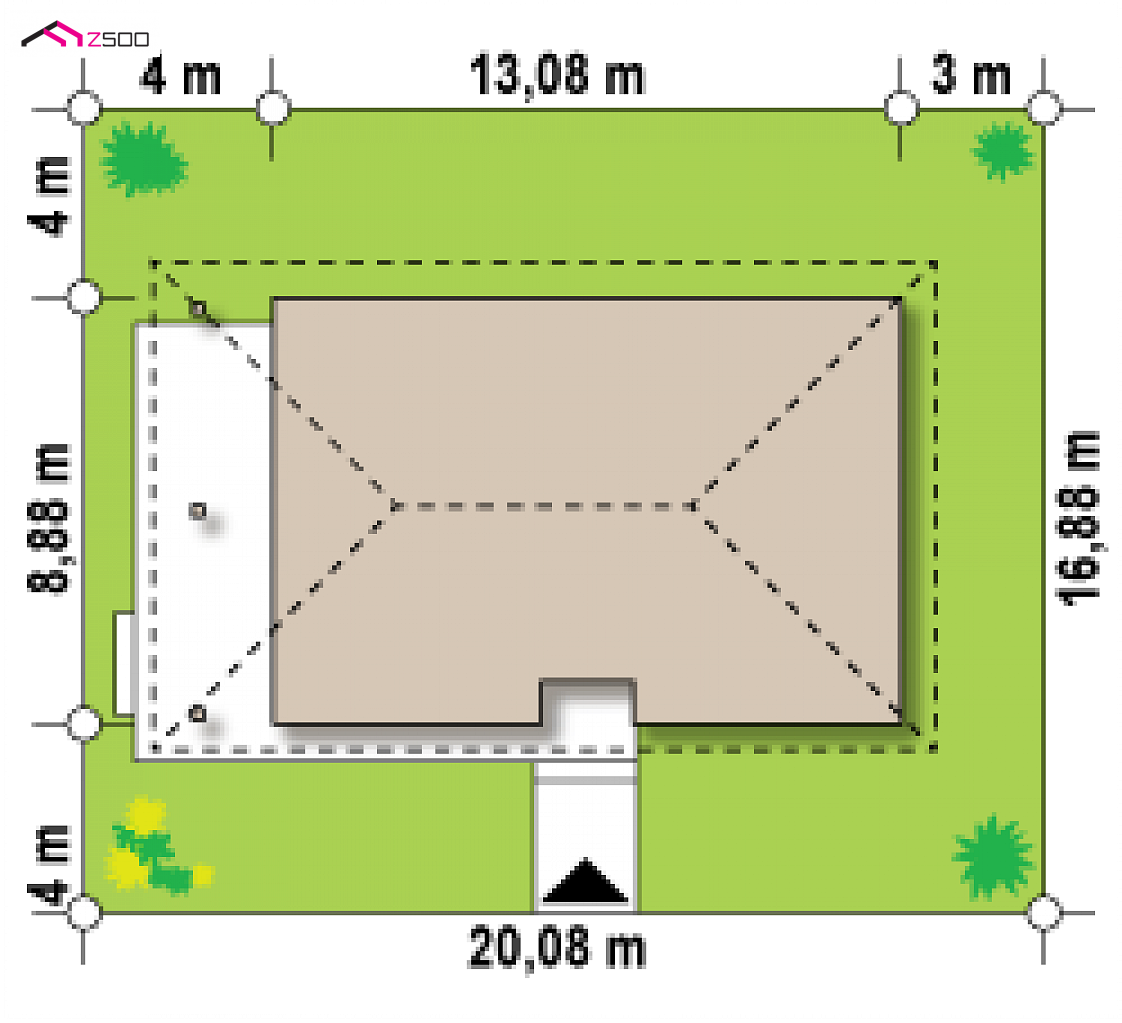 Z55 to wyjątkowy dom z kategorii projekty domów z trzema pokojami Gotowy projekt domu Z55 - Mały i przytulny dom parterowy z werandą i dwoma pokojami.