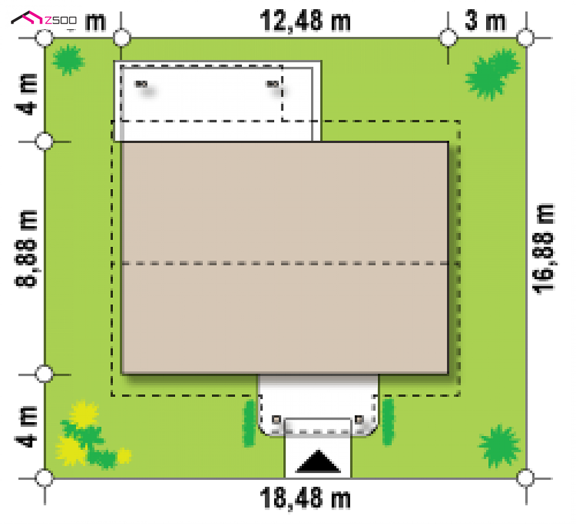 Z61 to wyjątkowy dom z kategorii projekty domów z dachem dwuspadowym Gotowy projekt domu Z61 - Tani i łatwy w budowie dom parterowy także na małą działkę bez okien w ścianach bocznych.