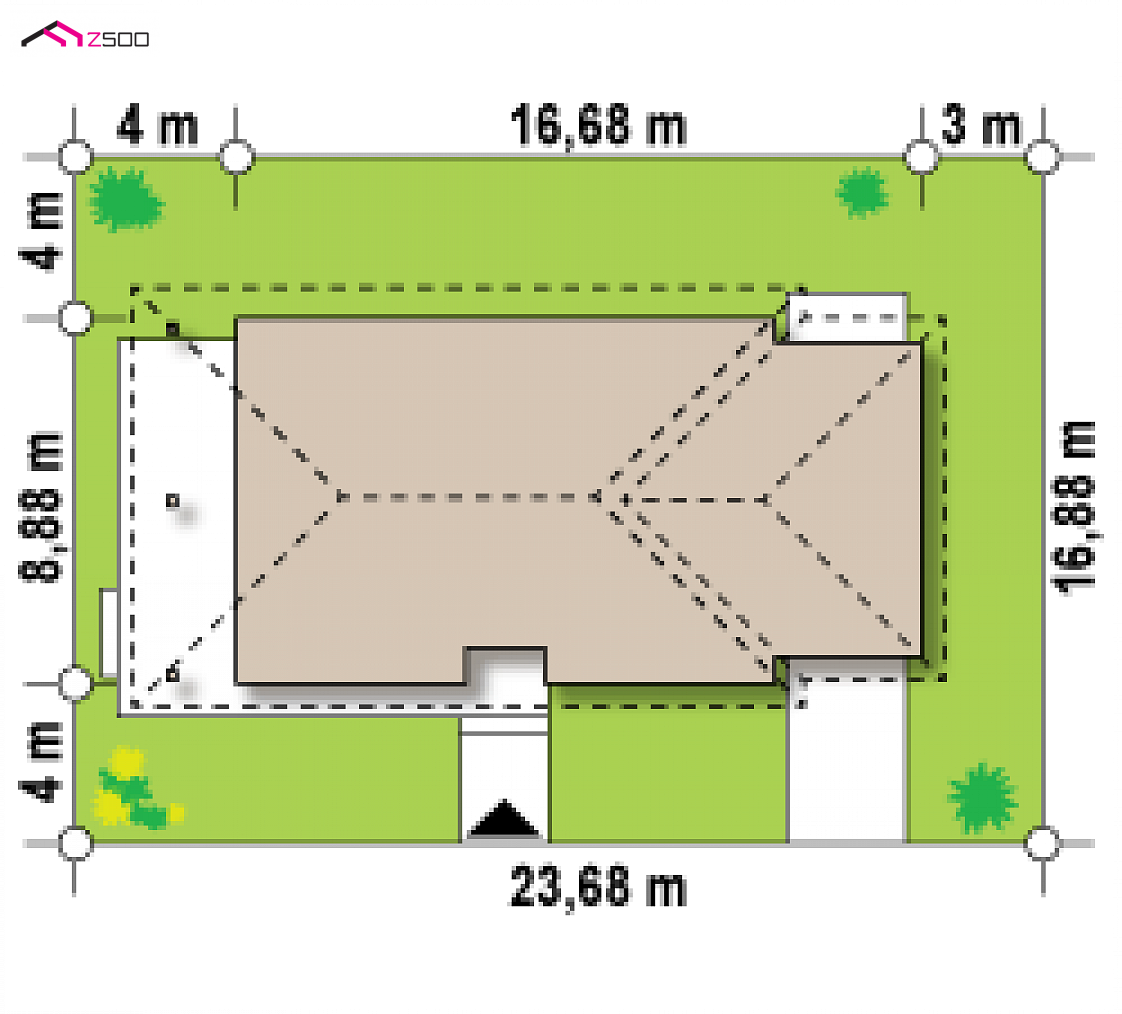 Z55 GP to wyjątkowy dom z kategorii projekty domów z dachem wielospadowym Gotowy projekt domu Z55 GP - z garażem z prawej strony