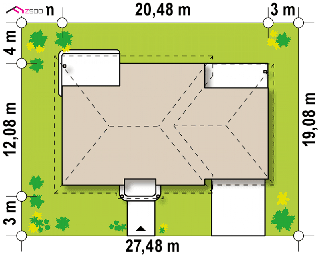 Z86 to wyjątkowy dom z kategorii projekty domów z dachem wielospadowym Gotowy projekt domu Z86 - Parterowy dom z dachem kopertowym, wygodnym wnętrzem oraz garażem na 2 auta.