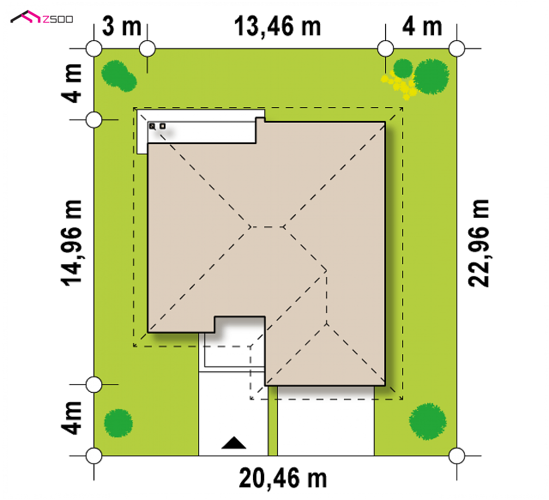 Z94 to wyjątkowy dom z kategorii projekty domów z trzema pokojami Gotowy projekt domu Z94 - Parterowy dom z dachem kopertowym z frontowym garażem na dwa samochody.
