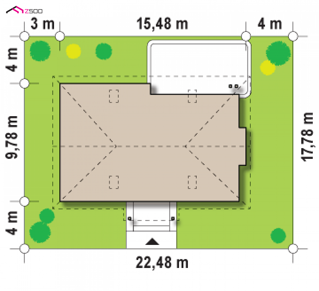 Z106 to wyjątkowy dom z kategorii projekty domów z czterema pokojami Gotowy projekt domu Z106 - Parterowy dom w dworkowym stylu z kopertowym dachem, opcja poddasza.