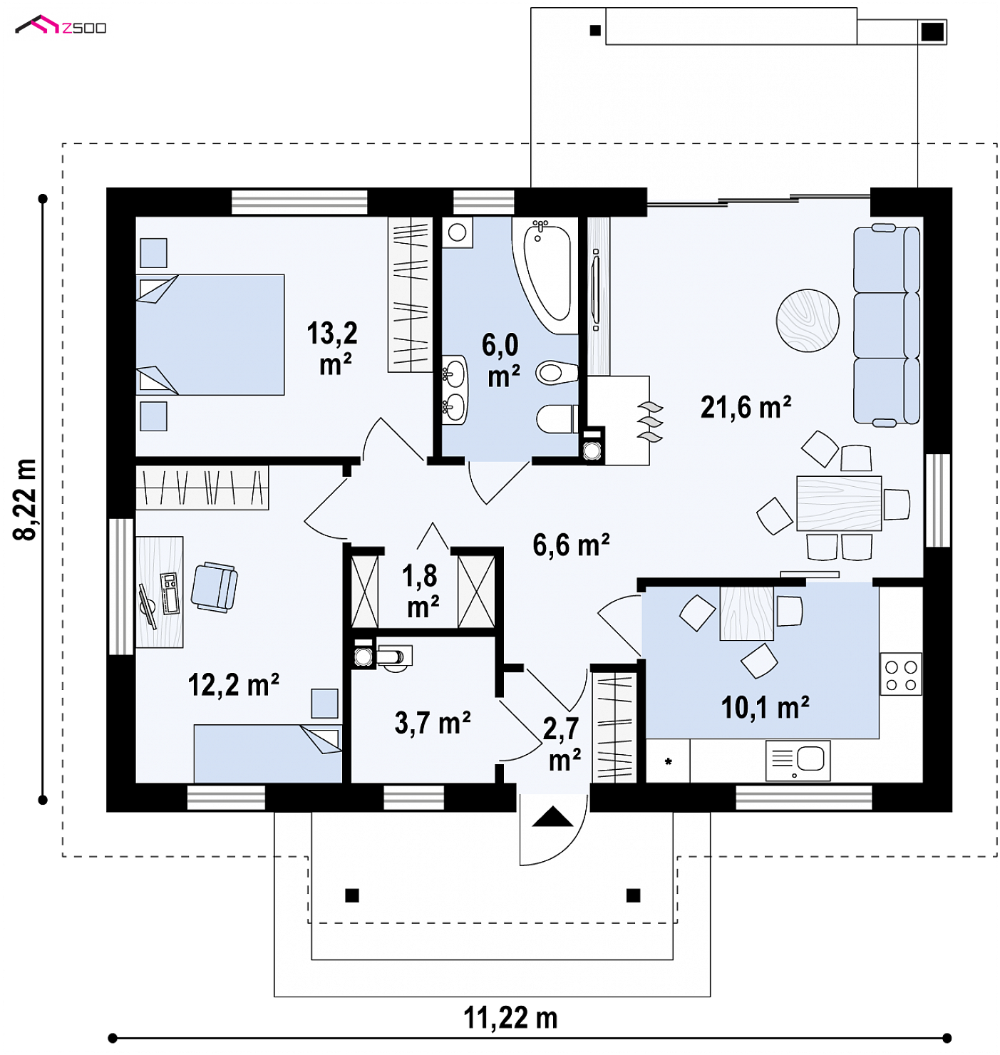 Z253 D to wyjątkowy dom z kategorii projekty domów parterowych Gotowy projekt domu - Parterowy dom z dwuspadowym dachem, tani w budowie i eksploatacji.