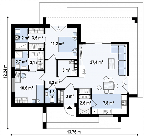 Zx77, nowoczesny dom parterowy z 2 sypialniami do 90m2 - Arhitekt