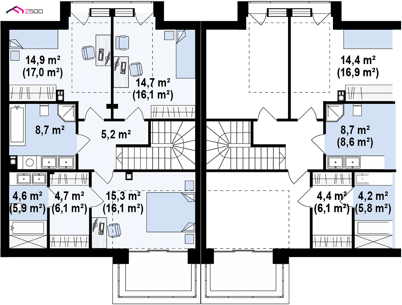 Zb14 to wyjątkowy dom z kategorii projekty domów z poddaszem użytkowym Gotowy projekt domu - Dom do zabudowy bliźniaczej lub szeregowej do 120m2 z 3 sypialniami oraz garażem