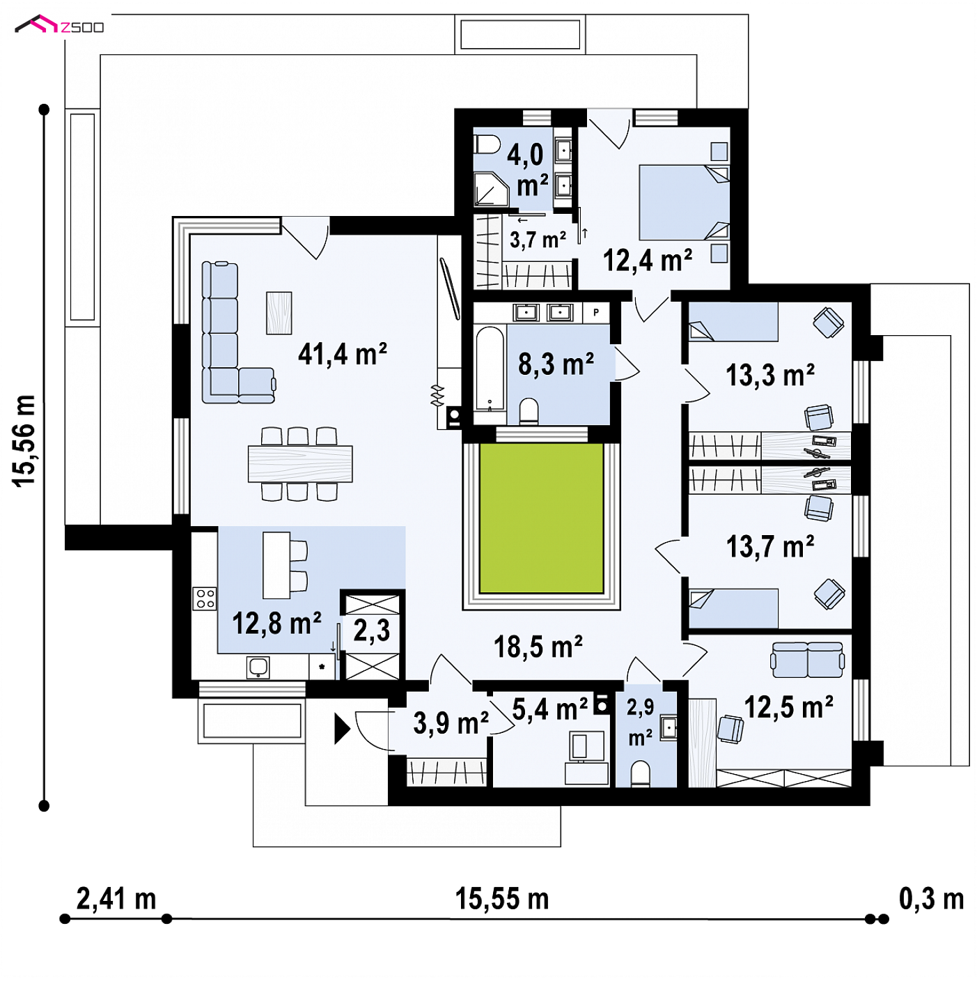Zx153 to wyjątkowy dom z kategorii projekty domów parterowych Gotowy projekt domu - Nowoczesny dom parterowy z 4 sypialniami oraz patio wewnątrz.