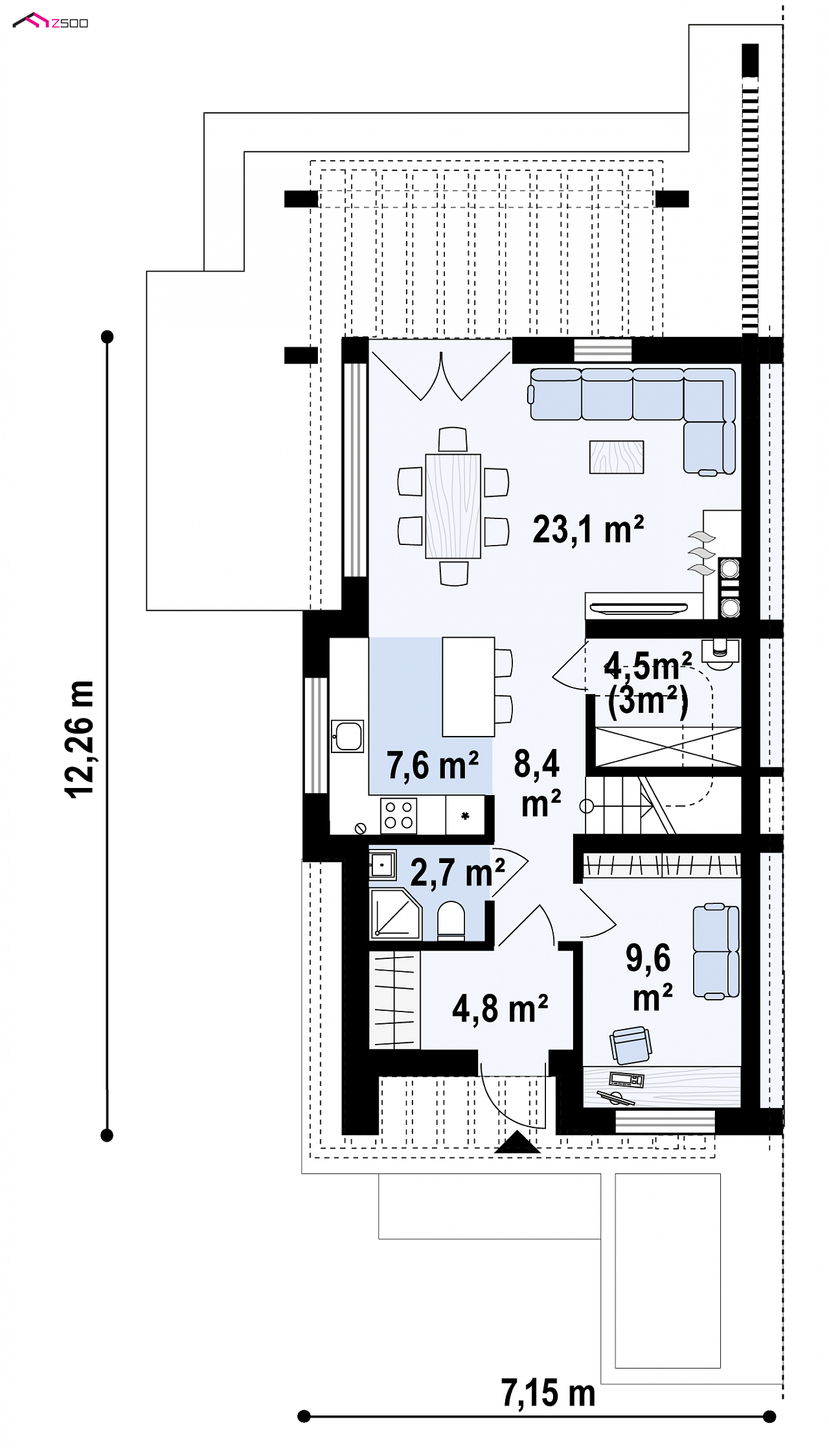 Zb26 to wyjątkowy dom z kategorii projekty domów w zabudowie bliźniaczej Gotowy projekt domu - Tradycyjny bliźniak o powierzchni 108m2 z gabinetem na parterze i 3 sypialniami.