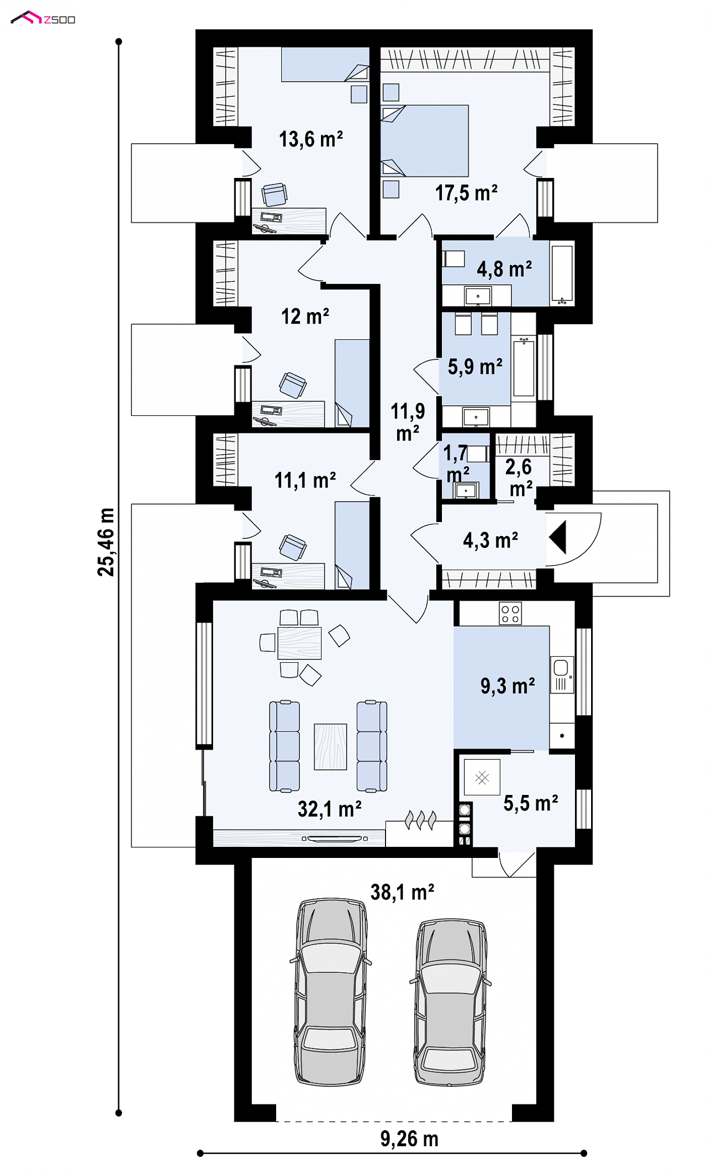 Z395 HB to wyjątkowy dom z kategorii projekty domów parterowych Gotowy projekt domu - Parterowy dom z 4 sypialniami