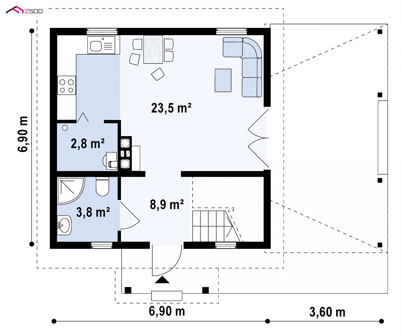 Z57 D to wyjątkowy dom z kategorii projekty domów letniskowych Gotowy projekt domu - Projekt domu drewnianego z werandą, prosty i tani w realizacji (całoroczny).
