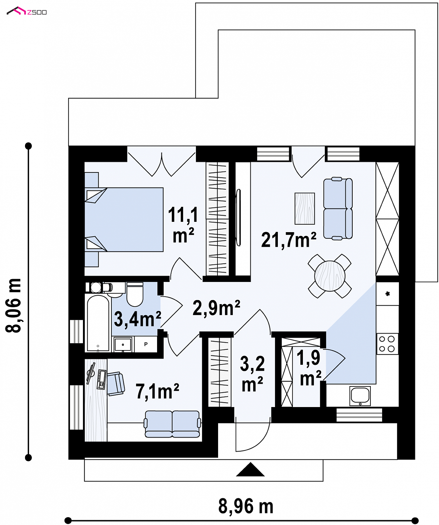 Z451 to wyjątkowy dom z kategorii projekty domów letniskowych Gotowy projekt domu - Prosty, mały dom o powierzchni ok 50m2 z dachem 2-spadowym, 2 pokojami i salonem