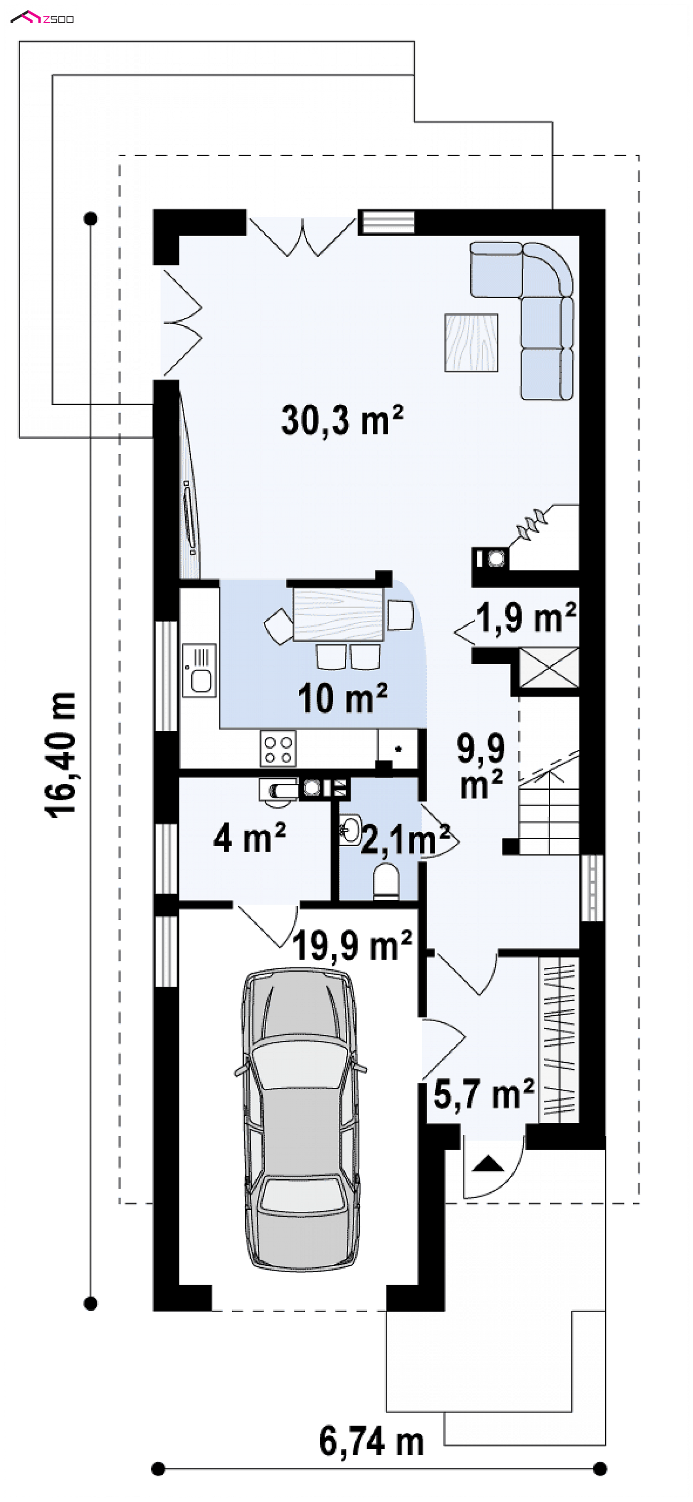 Z293 to wyjątkowy dom z kategorii projekty domów z poddaszem użytkowym Gotowy projekt domu - Komfortowy projekt z garażem jednostanowiskowym, idealny na bardzo wąską działkę