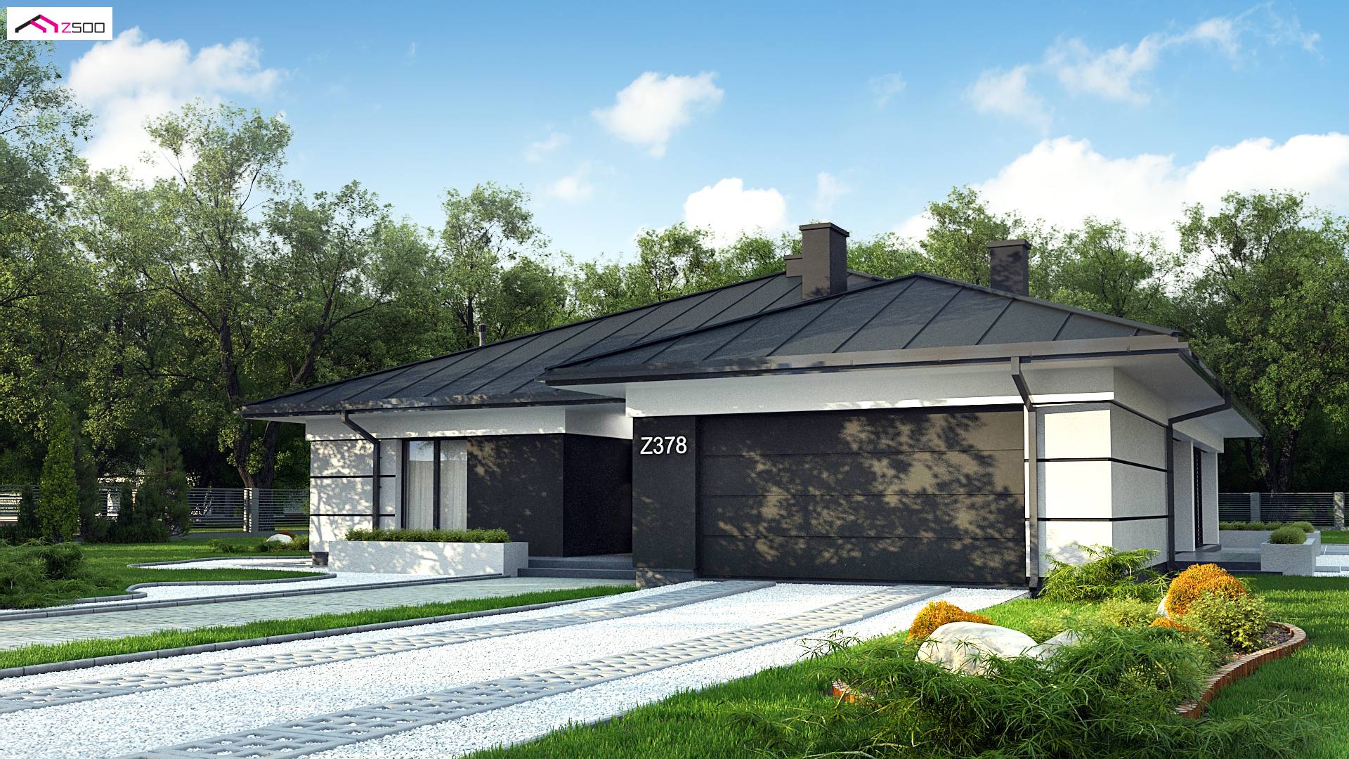Z378 to wyjątkowy dom z kategorii projekty domów jednorodzinnych Gotowy projekt domu - Parterowy dom z garażem dwustanowiskowym.