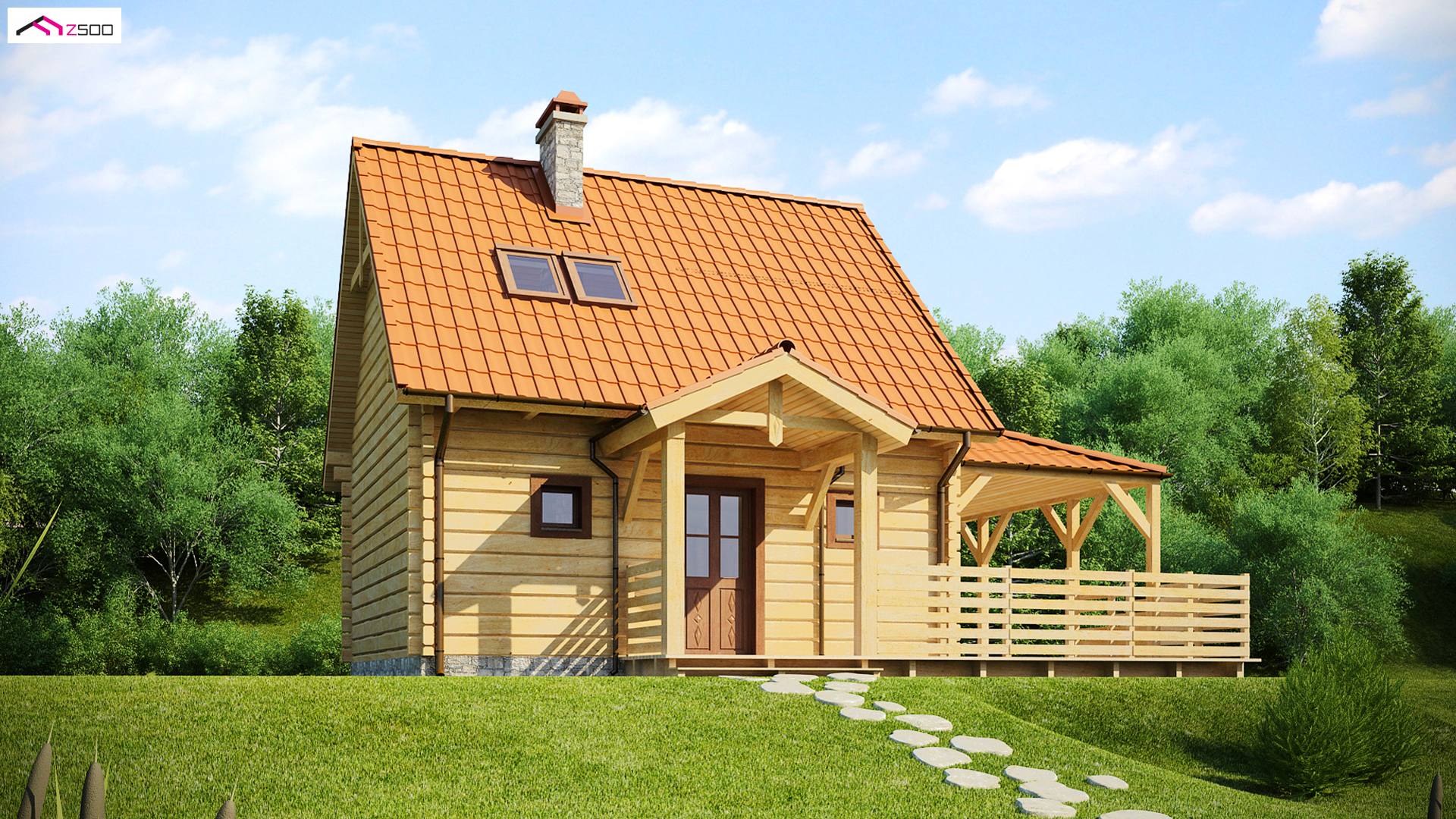 Z57 D to wyjątkowy dom z kategorii projekty domów jednorodzinnych Gotowy projekt domu - Projekt domu drewnianego z werandą, prosty i tani w realizacji (całoroczny).