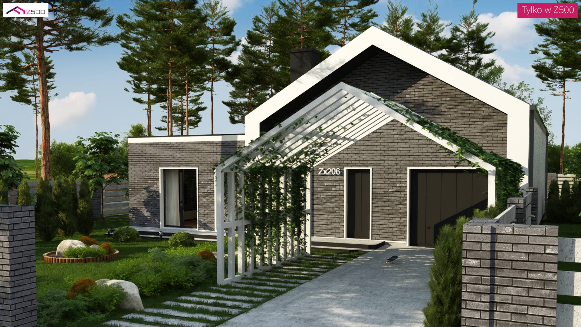 Zx206 to wyjątkowy dom z kategorii projekty domów jednorodzinnych Gotowy projekt domu - Dom z przestronnym salonem, antresolą, wydzieloną sypialnią i wiatą