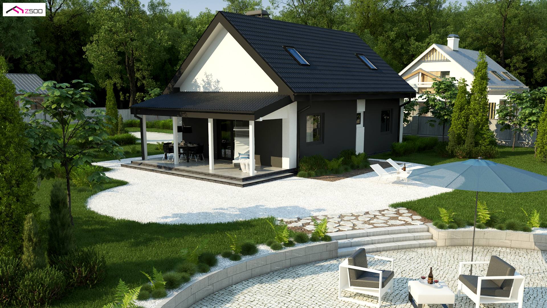 Z12 D L ztb to wyjątkowy dom z kategorii projekty domów jednorodzinnych Gotowy projekt domu - w technologii drewnianej odbicie lustrzane z zadaszonym tarasem