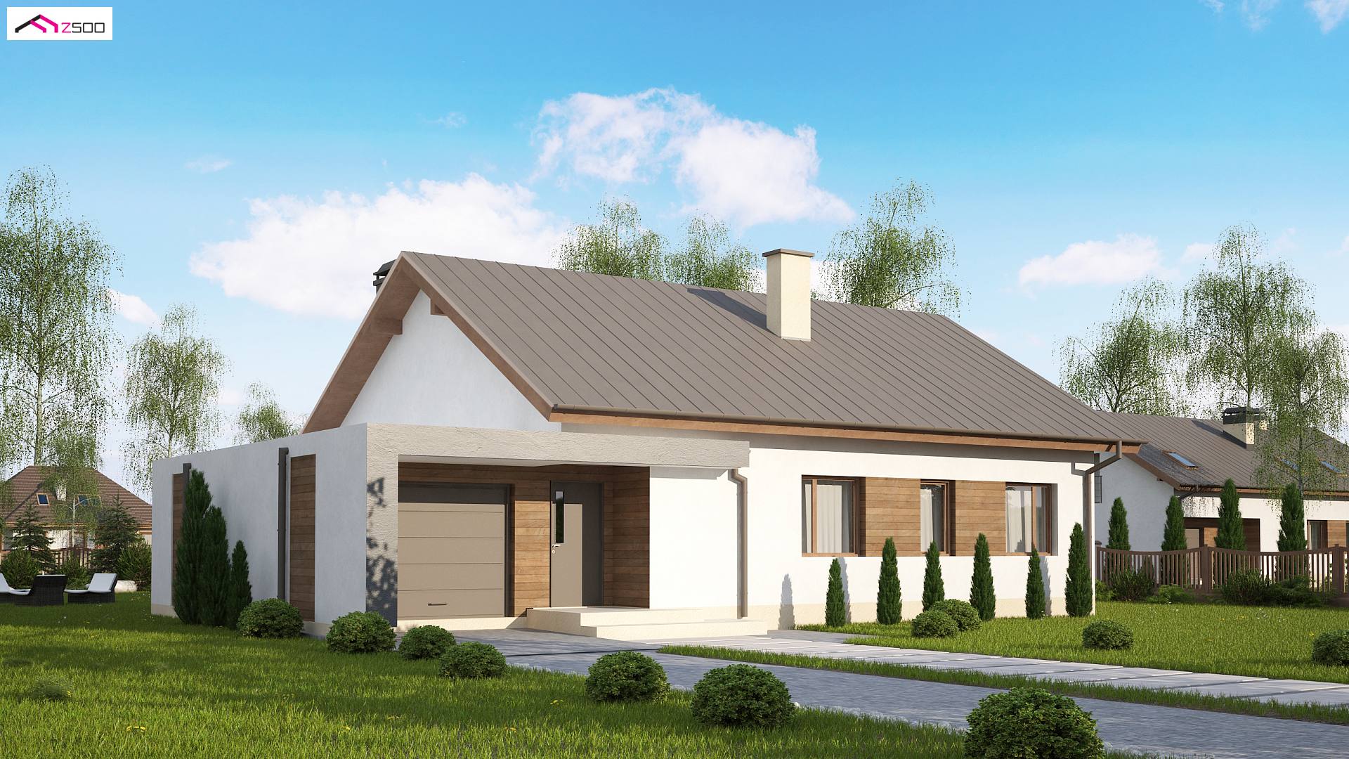 Z182 GLp to wyjątkowy dom z kategorii projekty domów jednorodzinnych Gotowy projekt domu - Z garażem jednostanowiskowym z lewej strony i dachem pulpitowym nad nim.