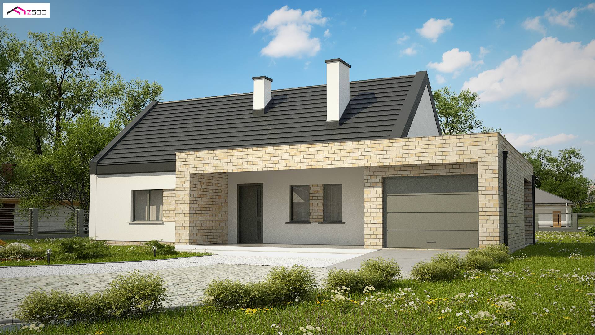 Z53 A to wyjątkowy dom z kategorii projekty domów jednorodzinnych Gotowy projekt domu - Klasyczny dom parterowy z elementem nowoczesnym,3 sypialniami oraz strefą dzieną