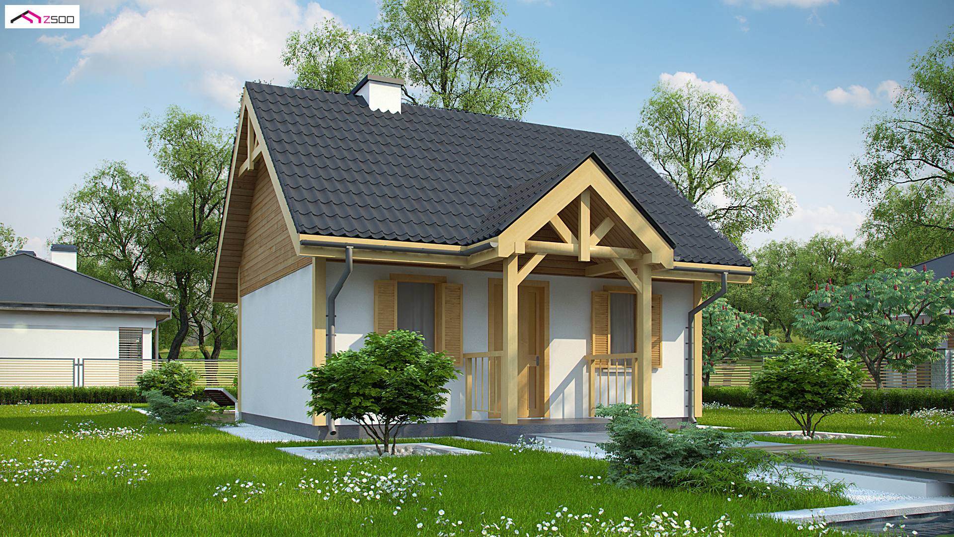 Z352 to wyjątkowy dom z kategorii projekty domów jednorodzinnych Gotowy projekt domu - Niewielki dom z werandą i dachem dwuspadowym.